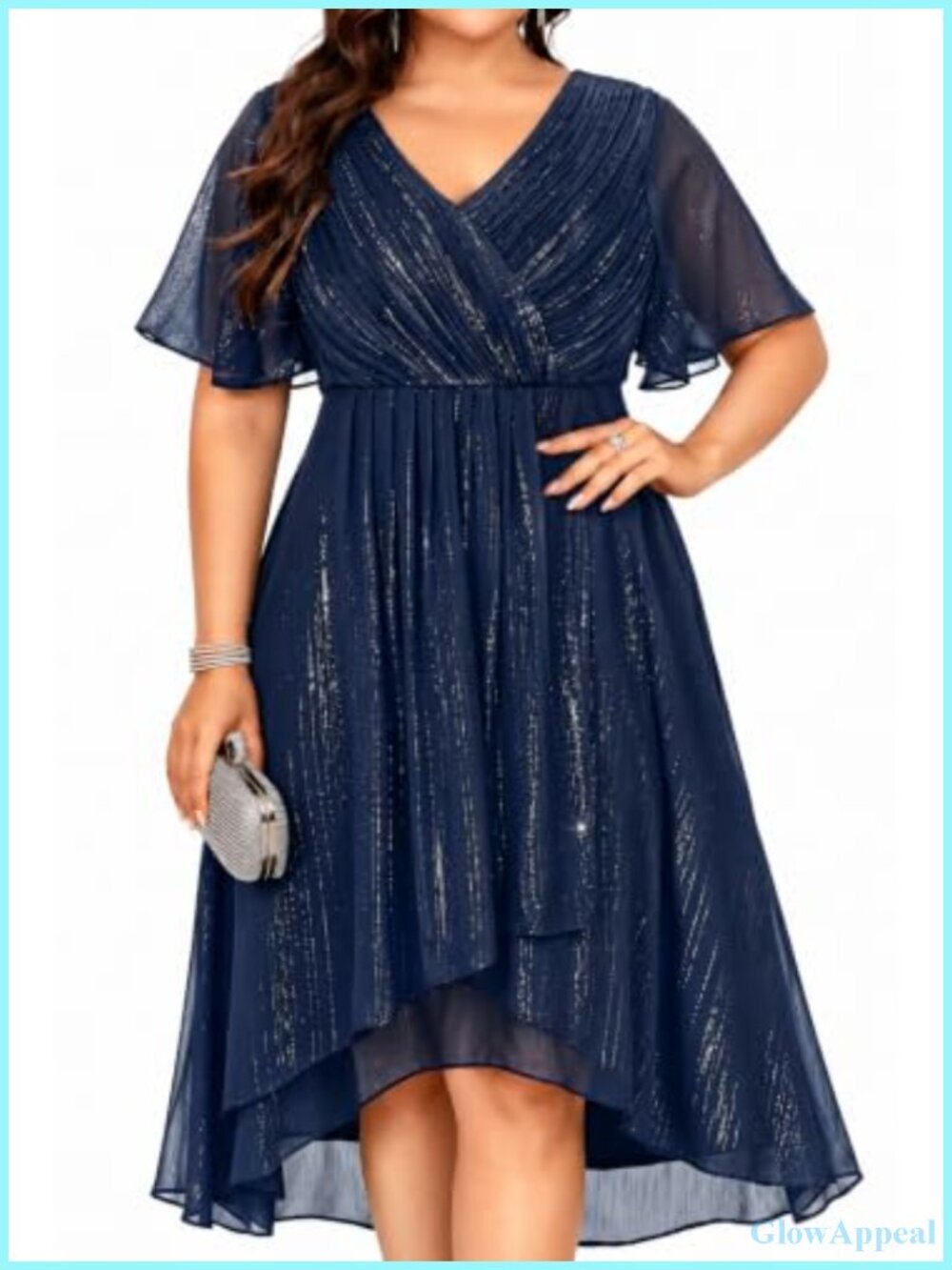 Plus Size Formal Midi Dress V-Neck Long Sleeve A-Line Chiffon